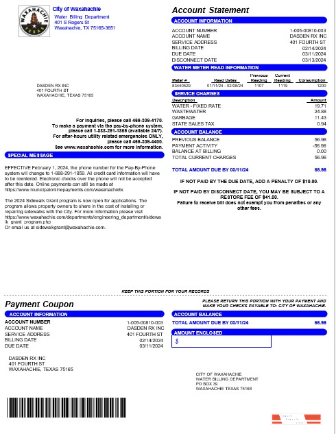 USA CITY OF WAXAHACHIE business utility bill Word and PDF template PSD template